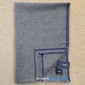 NWT Drake's Wool Cashmere Scarf Grey with Blue Border